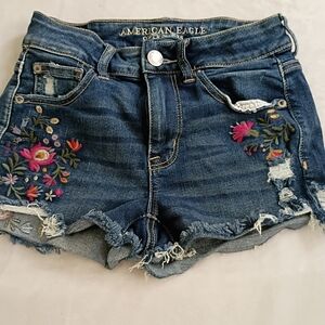 American Eagle Outfitters Dark Blue Jean Shorts with Floral Design